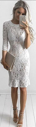 White Lace 1/2 Sleeve Perspective Short Bodycon Dress - Oh Yours Fashion - 2