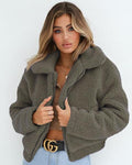 Lapel Zipper Solid Color Women Cropped Faux Fur Teddy Coat
