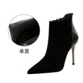 Black Suede PU Point Toe Zipper High Heel Ankle Boots