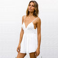 V-neck Loose Spaghetti Strap High Waist Lace Patchwork Back Bow Short Jumpsuits