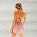 V-neck Loose Spaghetti Strap High Waist Lace Patchwork Back Bow Short Jumpsuits