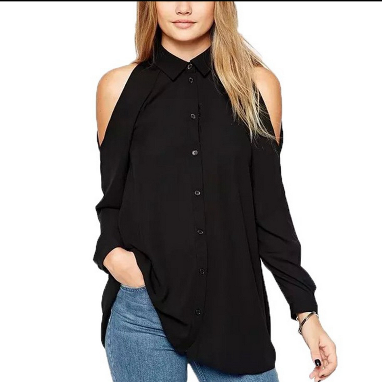 Shoulder Out Long Sleeves Pure Color Turn-down Collar Blouse - Oh Yours Fashion - 1
