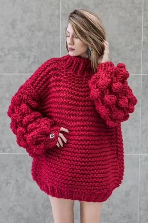 Turtleneck Handmade Knit Long Lartern Sleeves Chunky Pullover Oversized Sweater