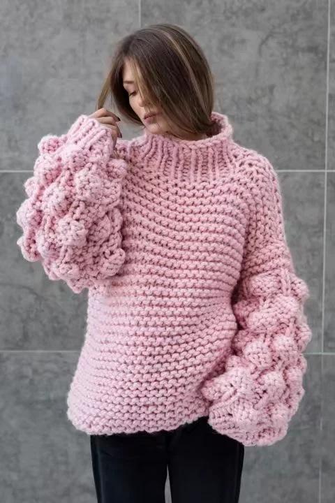Turtleneck Handmade Knit Long Lartern Sleeves Chunky Pullover Oversized Sweater
