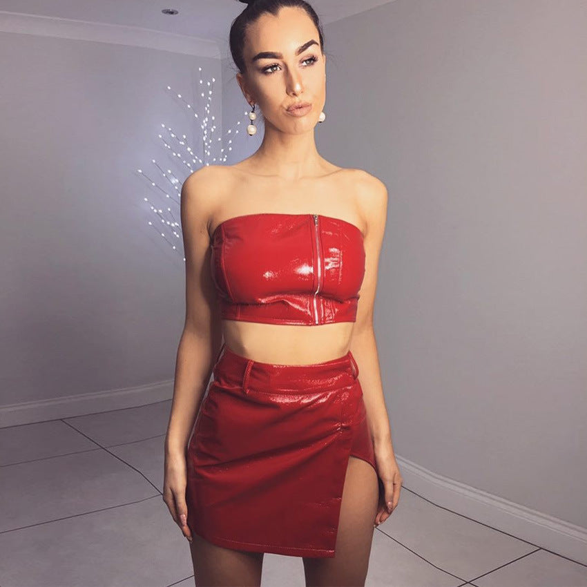 Strapless Crop Top with Split Short Skirt Women Two Pices Red PU Dress Set
