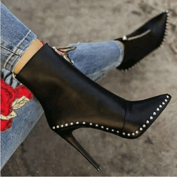 Leather High Heel Rivet Zipper Calf Boots