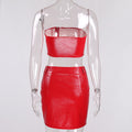 Strapless Crop Top with Split Short Skirt Women Two Pices Red PU Dress Set