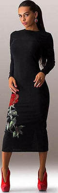Rose Print Long Sleeve Back Zipper Bodycon Long Dress - Oh Yours Fashion - 2