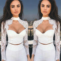 High Neck Pure Color Lace Long Sleeves Short Crop Top