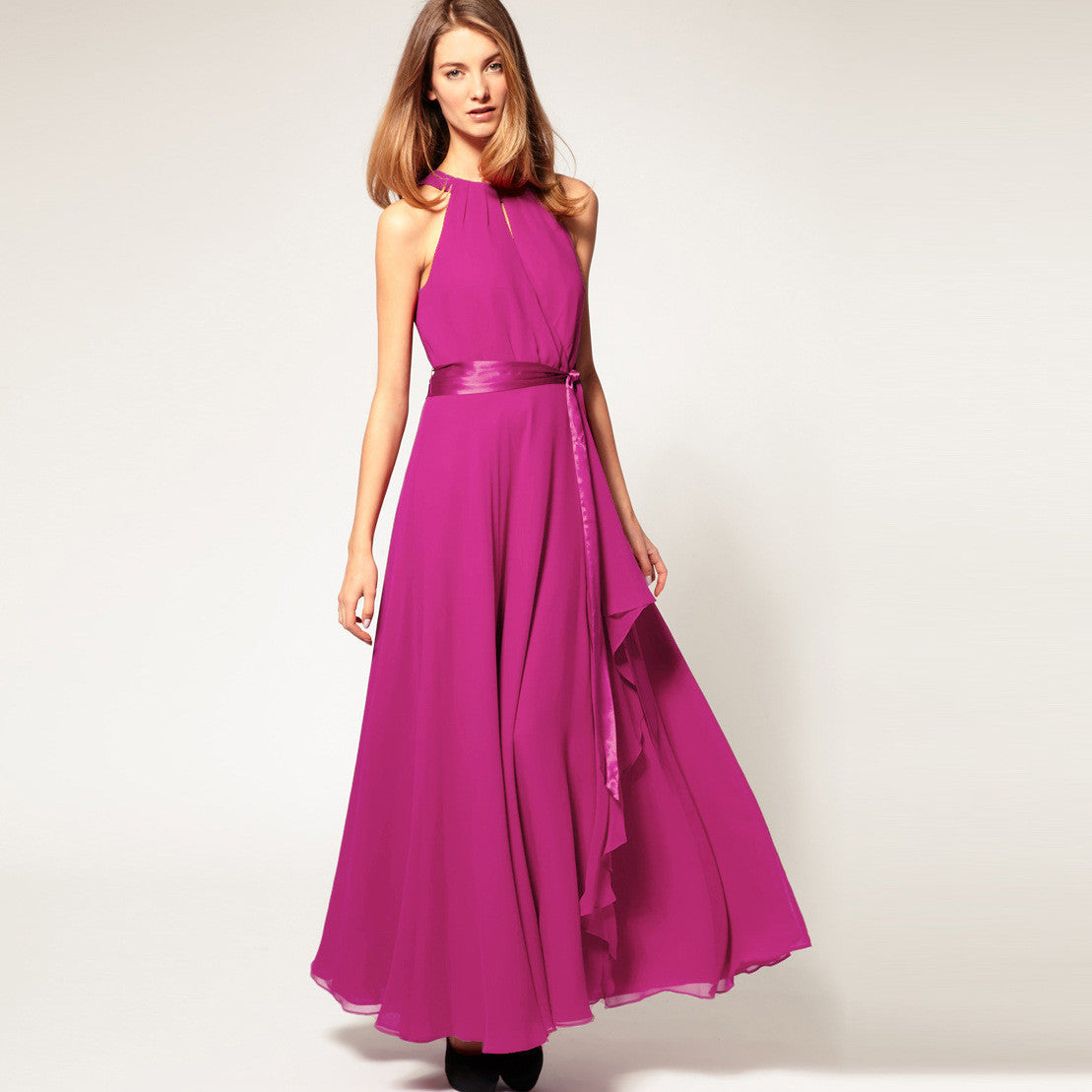 Chiffon Pure Color O-neck Irregular Sleeveless Long Dress - Oh Yours Fashion - 7