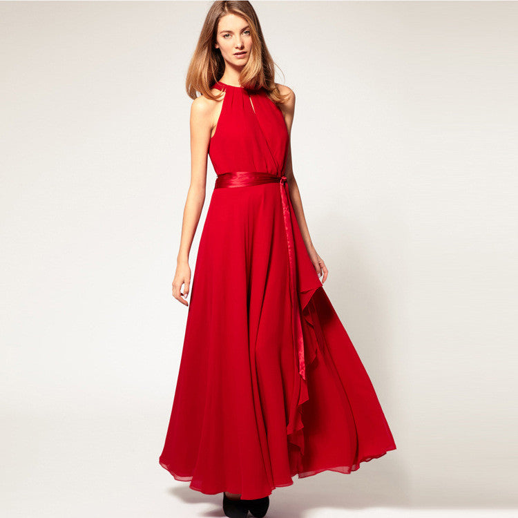 Chiffon Pure Color O-neck Irregular Sleeveless Long Dress - Oh Yours Fashion - 1