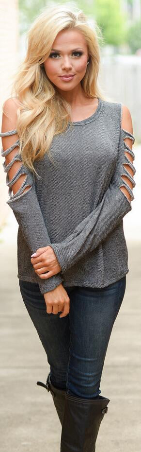Fashion Hollow Out Long Sleeve Scoop Gray Blouse - Oh Yours Fashion - 1
