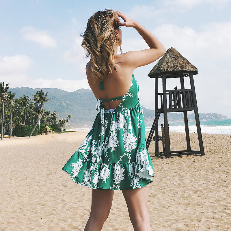 Print Halter V-neck Backless Women Loose Short Beach Dress