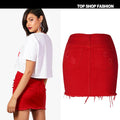 Denim Holes Ruffles High Waist Short Red Skirt