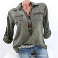 V-neck Lapel Collar Long Sleeves Regular Blouse with Plus Size