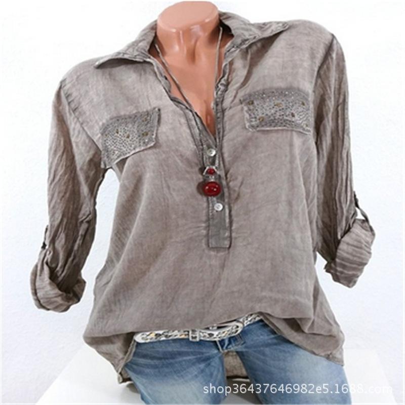 V-neck Lapel Collar Long Sleeves Regular Blouse with Plus Size
