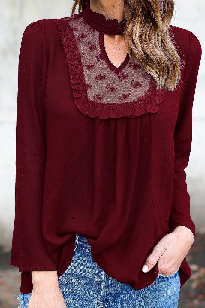 Scoop Pure Color Lace Chiffon Patchwork Long Sleeves Blouse