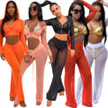 Candy Color Transparent Hooded Crop Top High Waist Wide-leg Pants Two Pieces Set