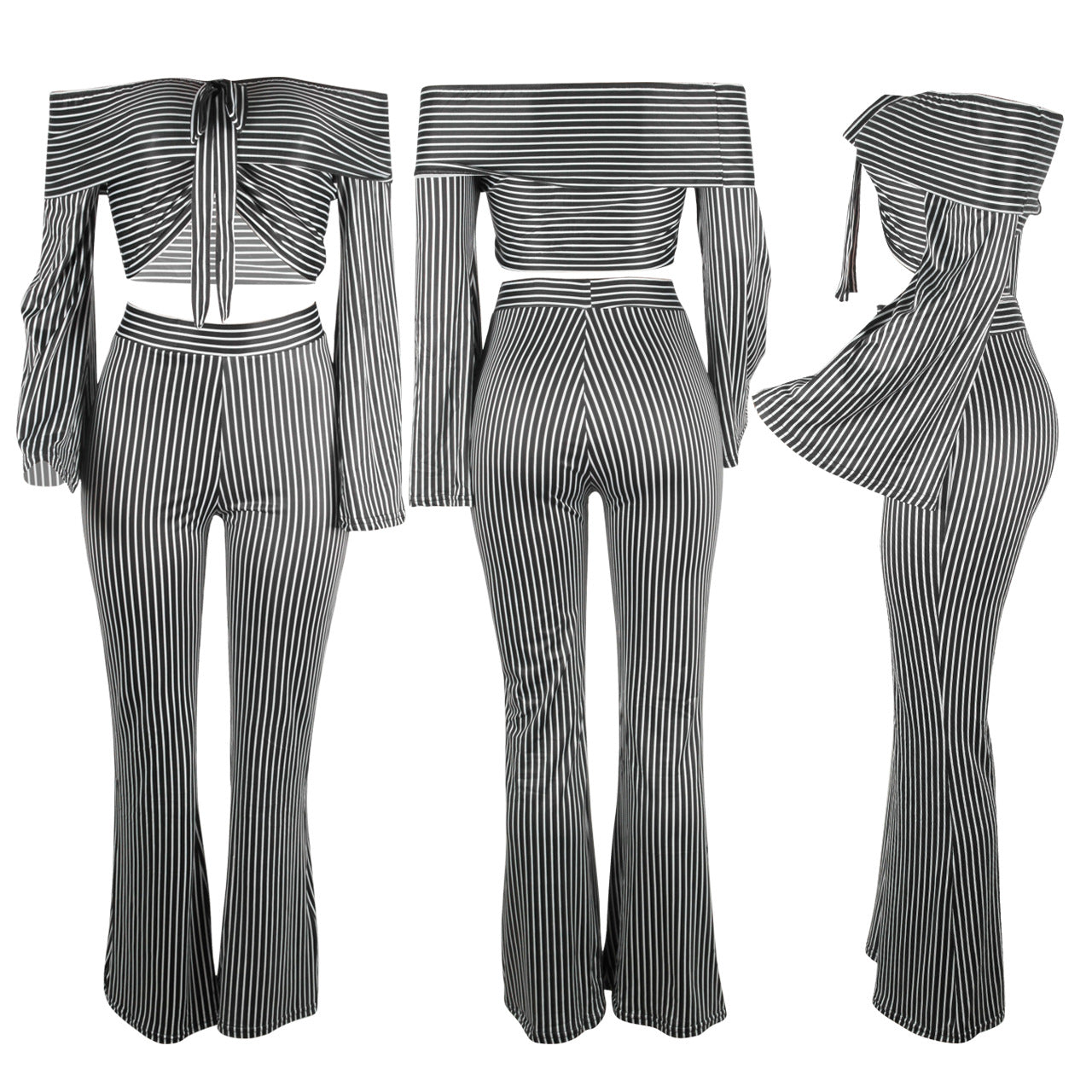 Off the Shoulder Stripes Crop Top with high Waist Long Wide-leg Pants Women Two Pieces Set