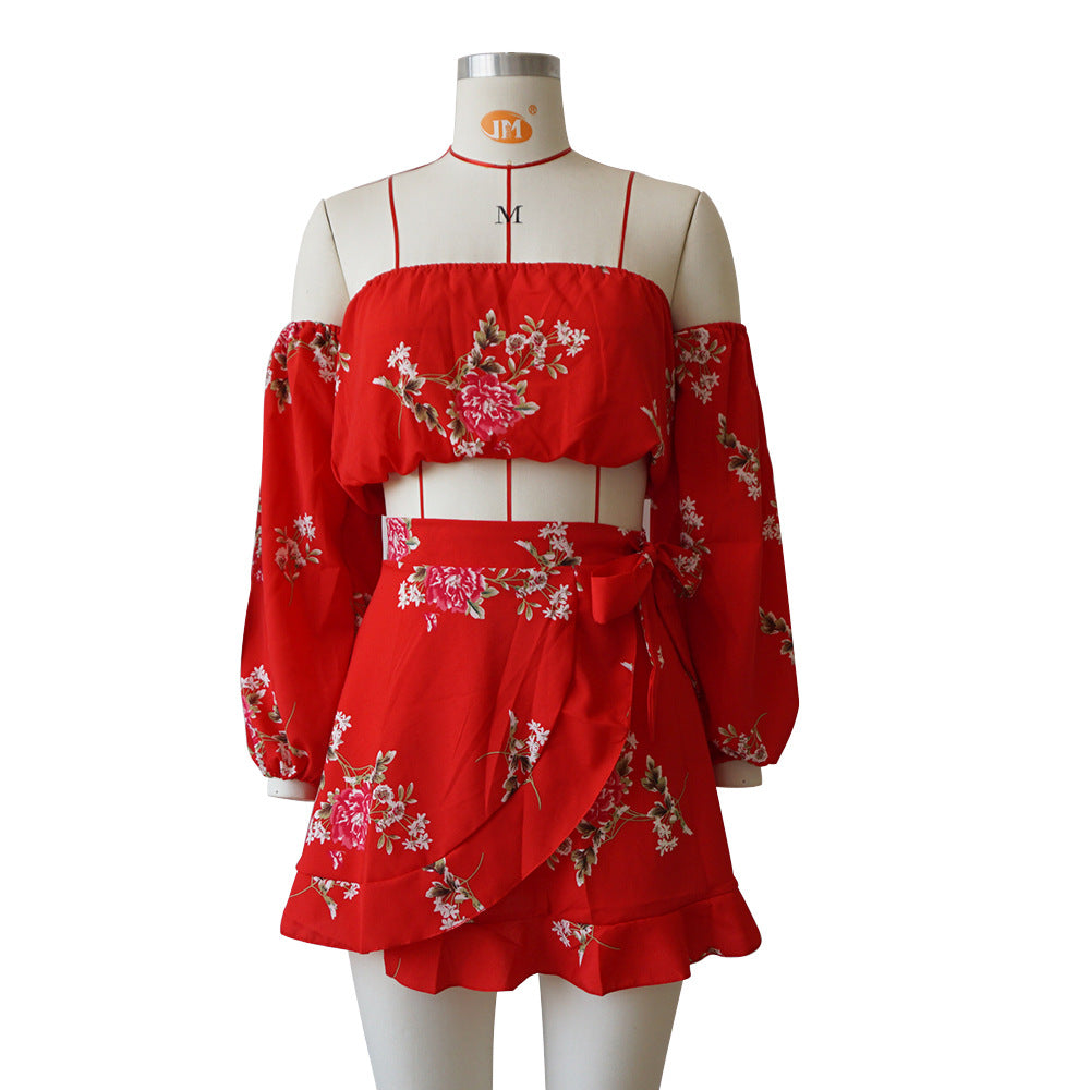 Flower Print Chiffon Off the Shoulder Crop Top with High Waist Short Skirt Women Two Pieces Dress Set