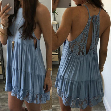 Spaghetti Straps Open Back Lace Short Dress