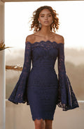 Off the Shoulder Long Trumpet Sleeves Solid Color Women Lace Knee-length Dress