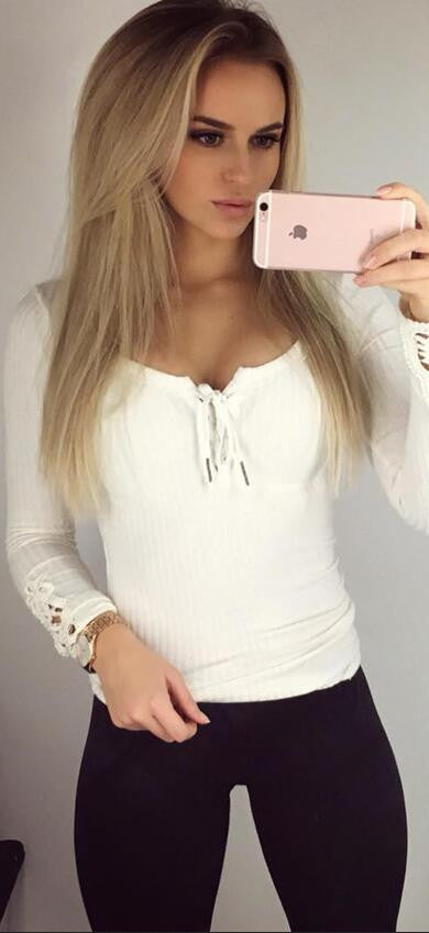 Sexy Lace Up V Neck Lace Cuff Long Sleeve Blouse - Oh Yours Fashion - 1