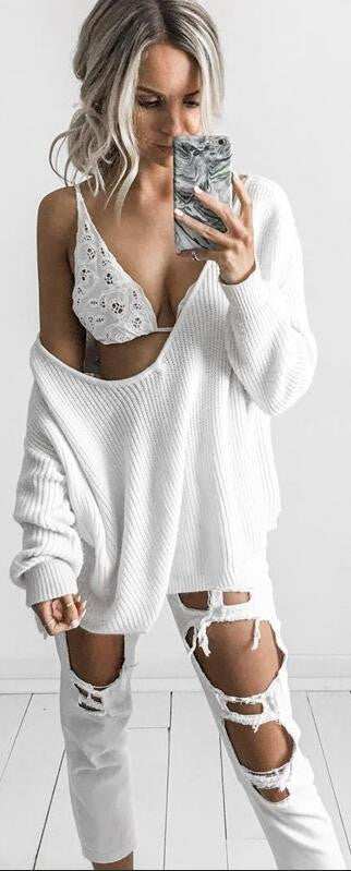Sexy V-Neck Loose BF Irregular Sweater - Oh Yours Fashion - 2