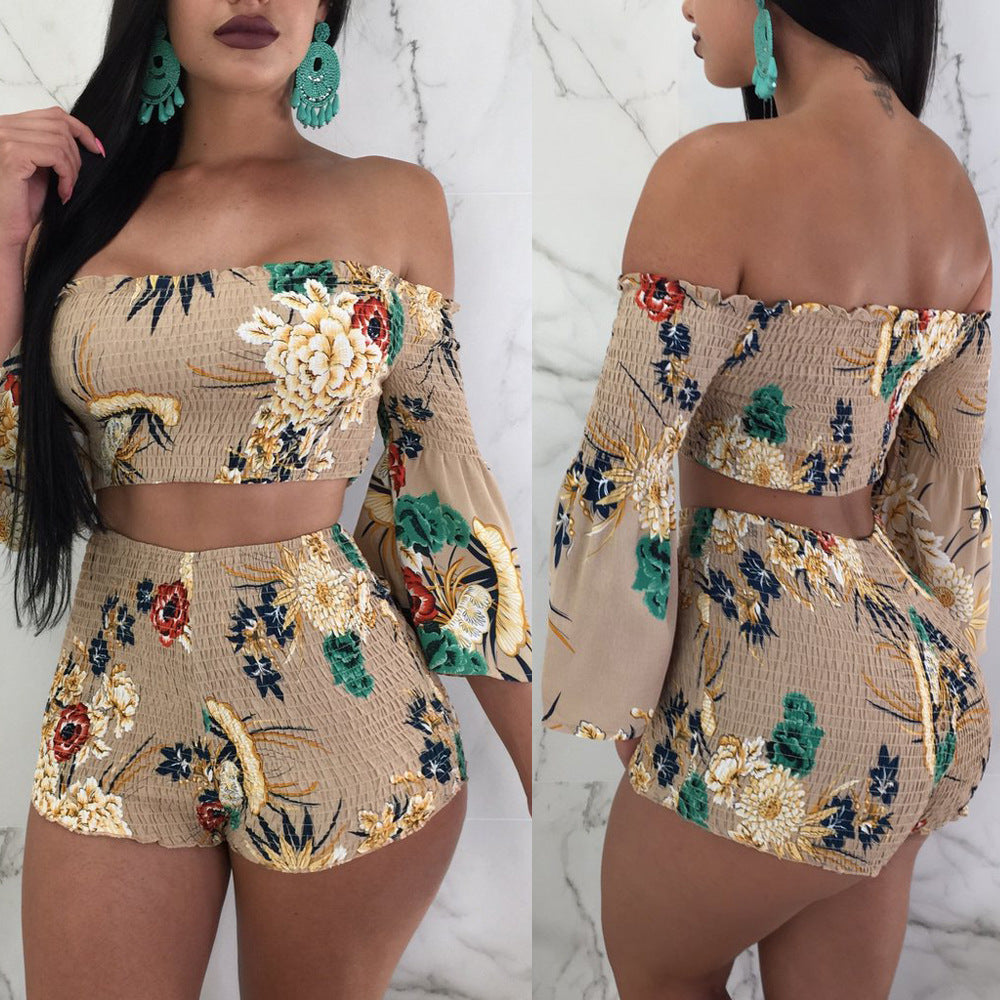 Print Strapless 3/4 Trumpet Sleeves Crop Top with High Waist Shorts Women Two Pieces Set