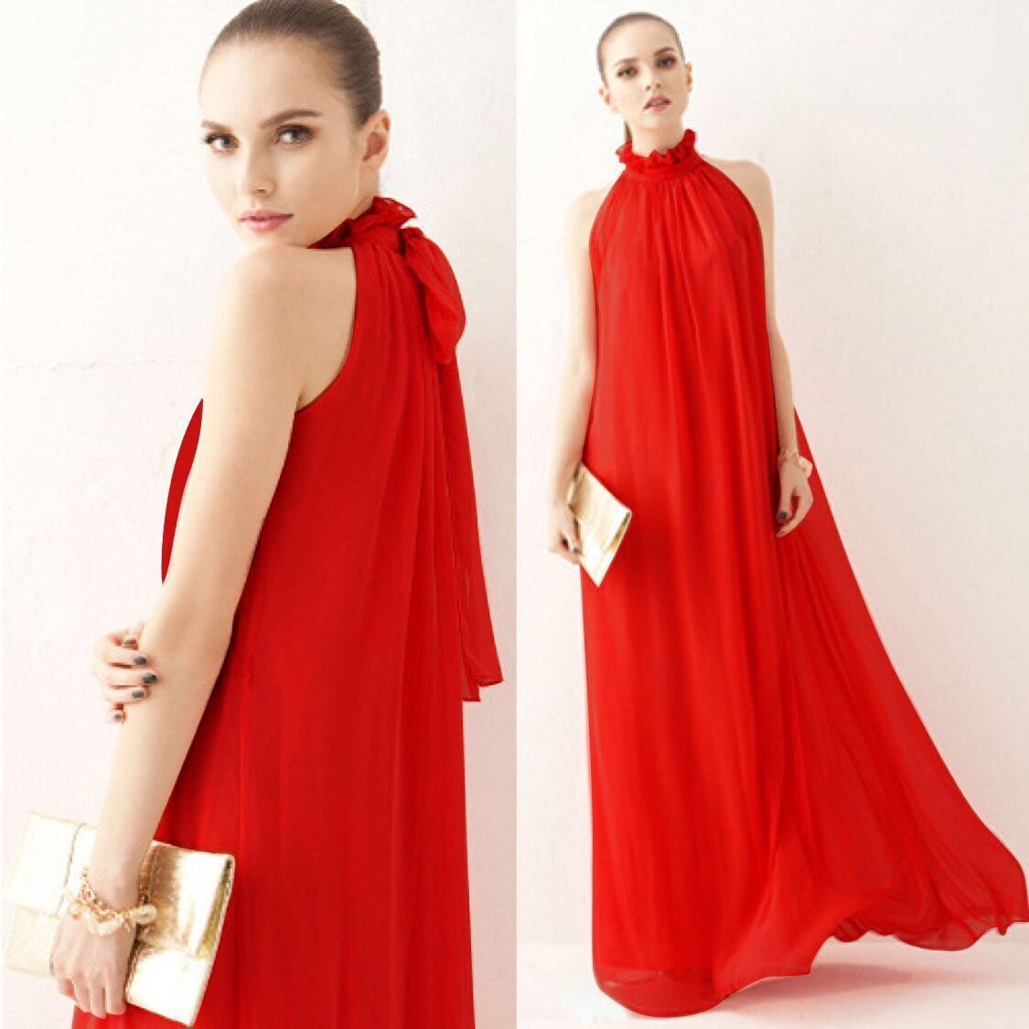 Bare Shoulder Candy Color High Neck Long Pleated Party Beach Dress