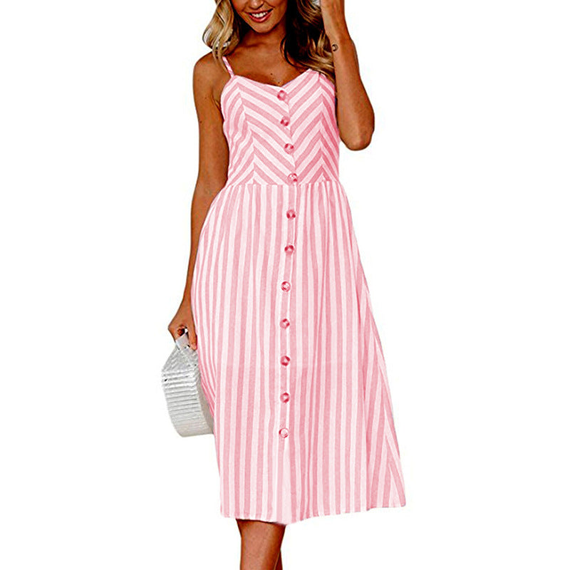 Stripes Spaghetti Straps Buttons High Waist Women A-line Tee-length Dress
