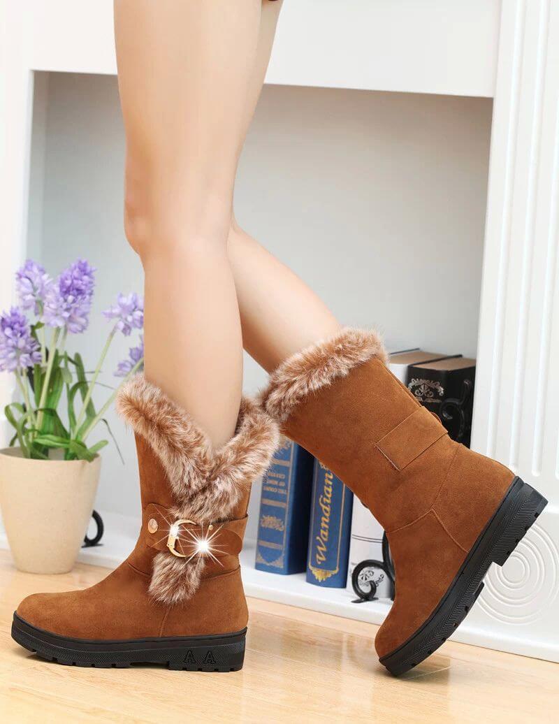 Faux Fur Flat Suede Buckle Mid Calf Boots