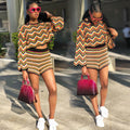 Loose Waves Stripes Long Sleeves Crop Top with High Waist Shorts Two Pieces Set