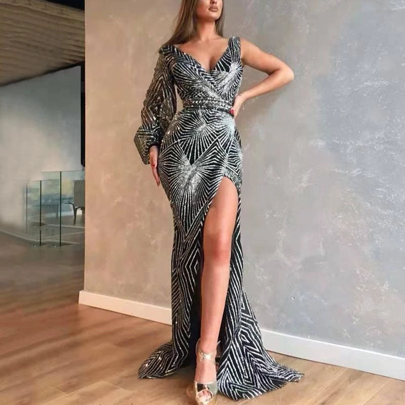 Metallic Silver Floor Length Dress