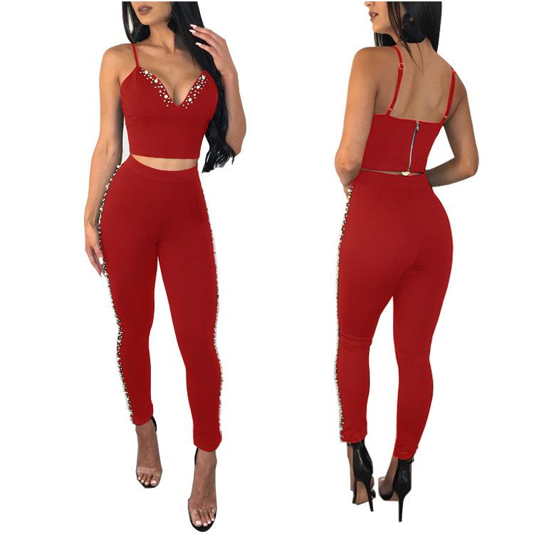 Beadings Spaghetti Straps Crop Top Long High Waist Skinny Two Pieces Outfits