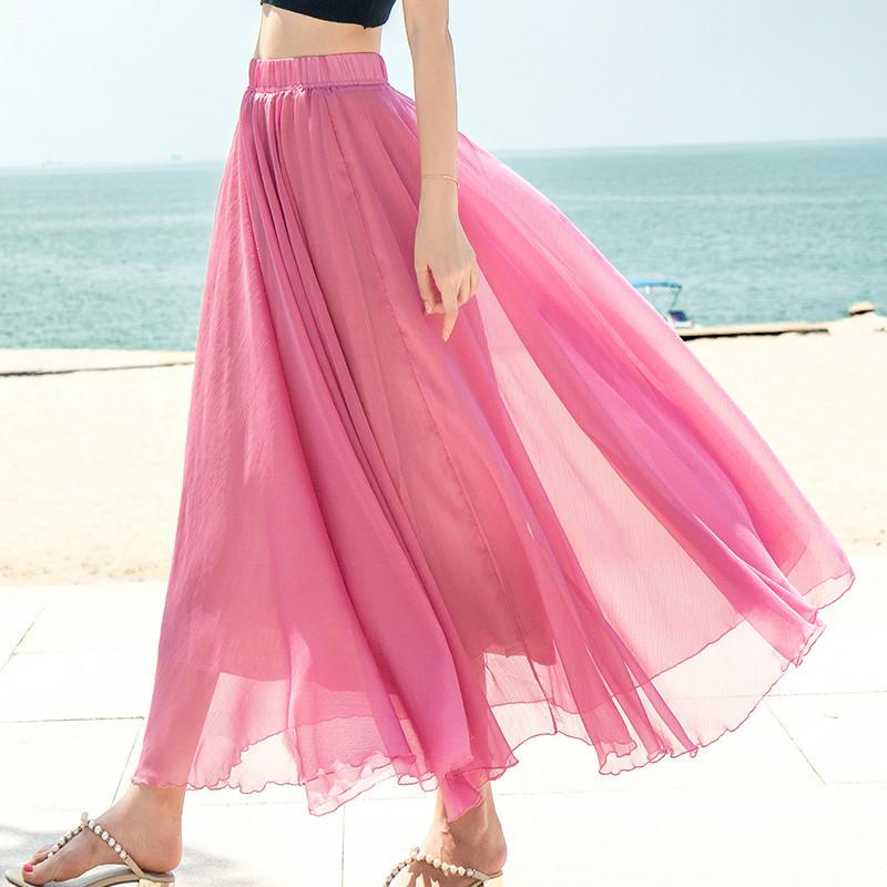 Irregular High Waist Solid Color Pleated Long Maxi Beach Swing Skirt