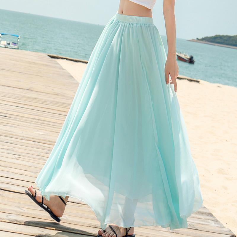 Irregular High Waist Solid Color Pleated Long Maxi Beach Swing Skirt