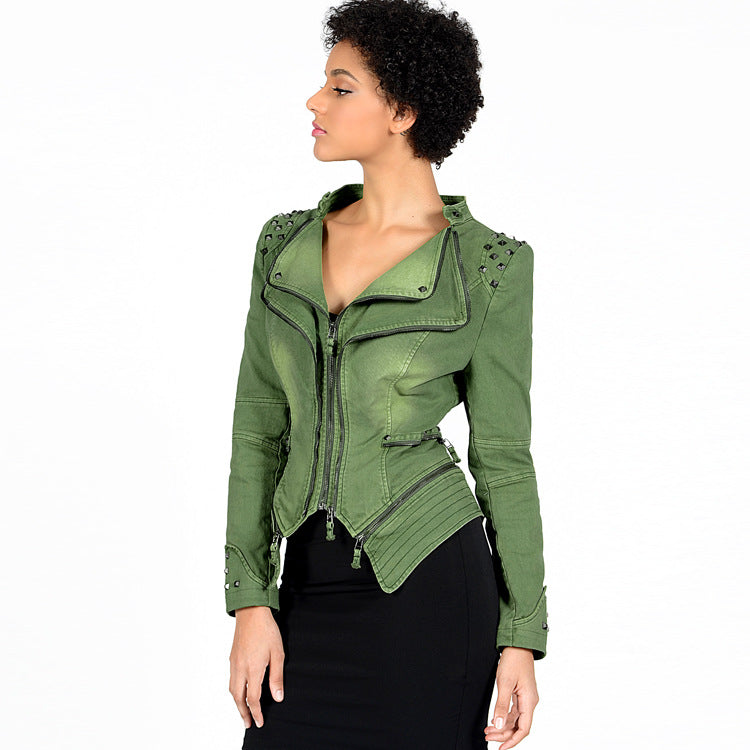 Rives Lapel Zipper Decorate Women Slim Irregular Short Denim Jacket