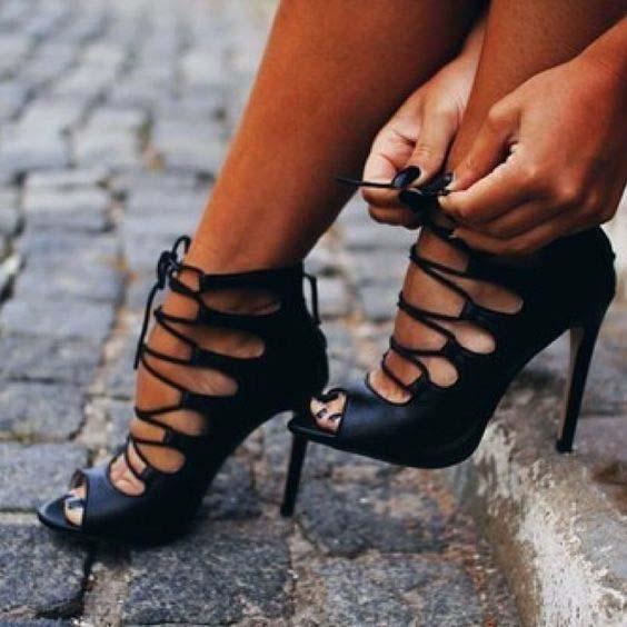 Black Wedge Leather High Heel Sandals