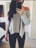 Slit Solid Color Scoop Knit Splicing Sweater - Oh Yours Fashion - 2
