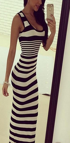 Striped Sleeveless Sheath Bodycon Low-cut Long Sexy Dress - Oh Yours Fashion - 1