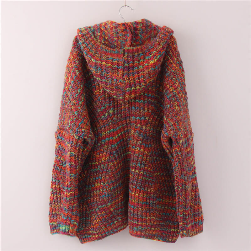Oversized Hooded Colorful Knit Cardigan Sweater