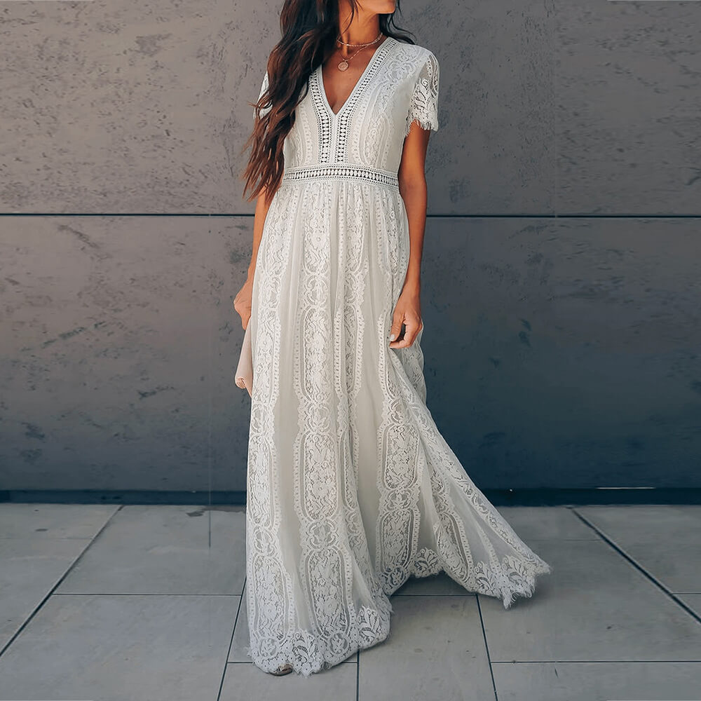 Lace V Neck Flowy Swing Gown Party Maxi Dress