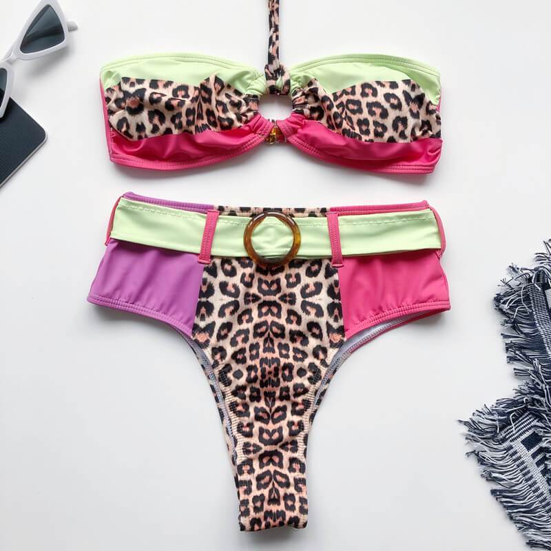 Halter Leopard Colorblock High Rise Triangle Bikinis