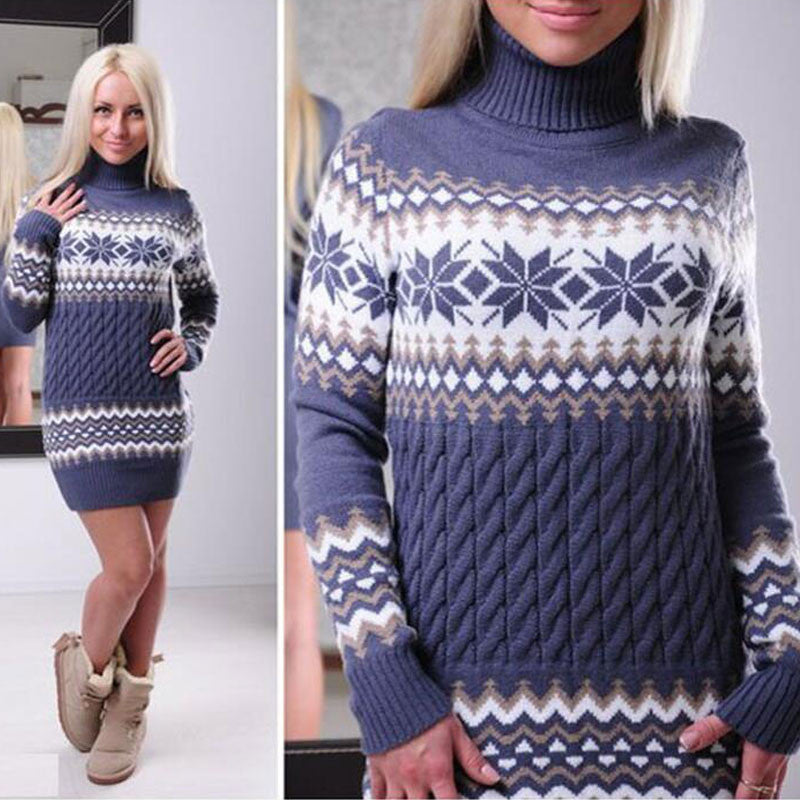 Fashion Long Sleeve High Neck Print Long Knit Sweater - Oh Yours Fashion - 1
