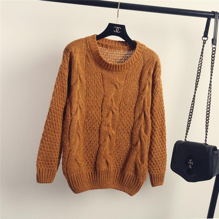 Pure Color Cable Knit Wear Long Sleeves Scoop Sweater