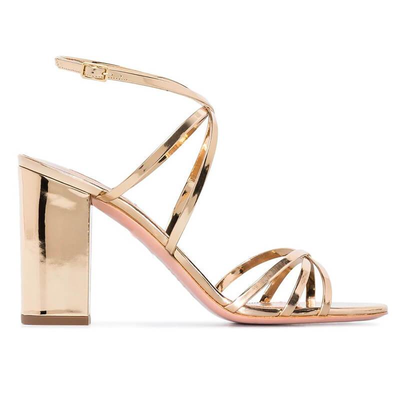 Champagne Patent Leather Chunky Heel Buckle Sandals