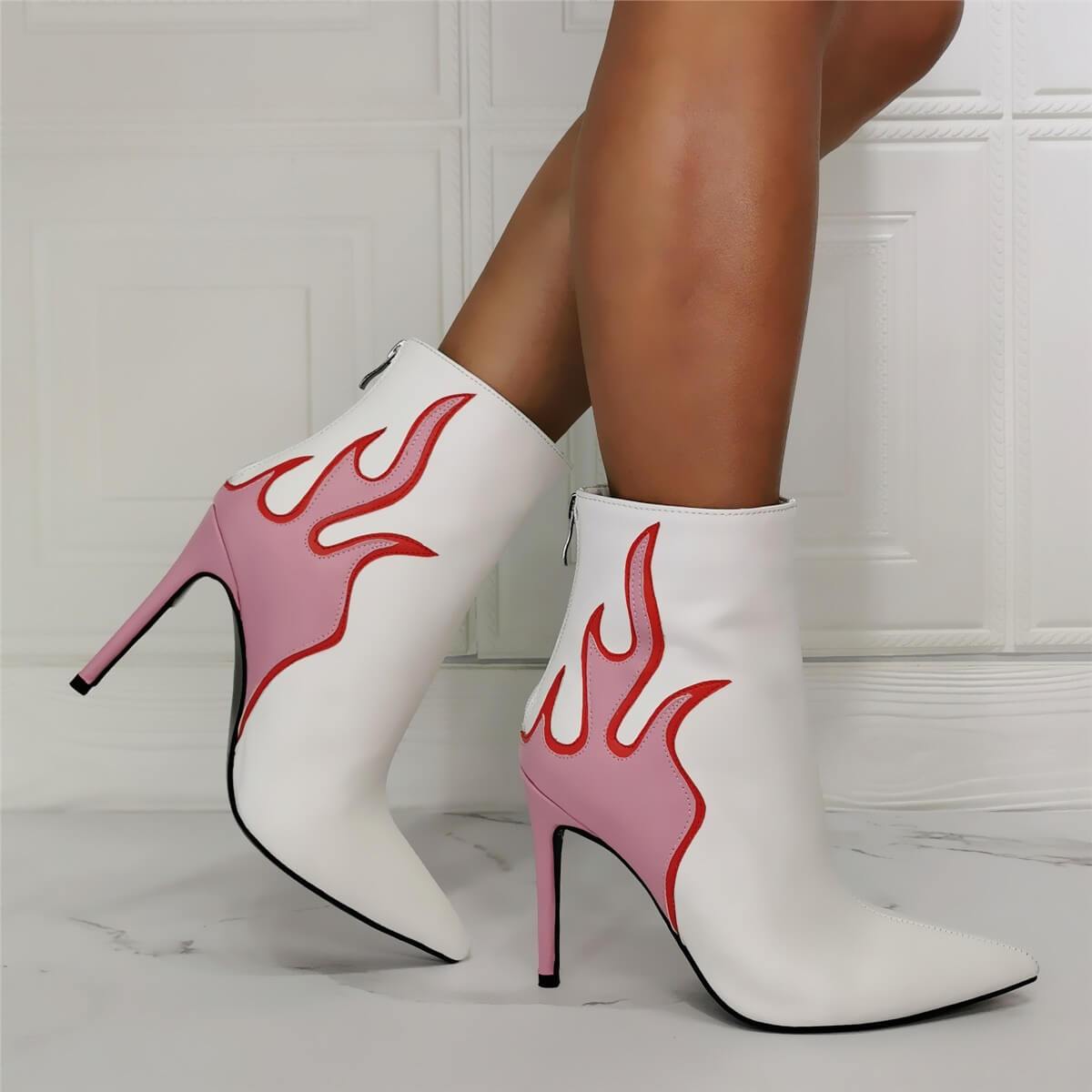 White PU Point Toe Fire Print High Heel Boots