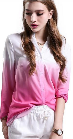 Deep V-neck Long Sleeves Gradually Changing Color Blouse - OhYoursFashion - 2
