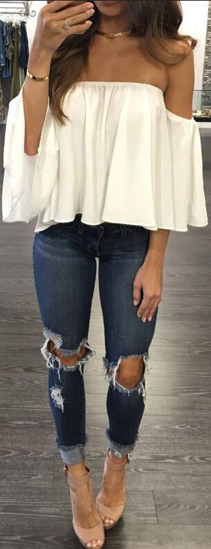 Sexy Off Shoulder Long Sleeve Chiffon Loose Blouse - Oh Yours Fashion - 2